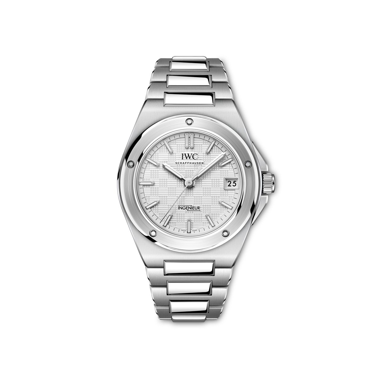 The front of IWC's new Ingenieur Automatic 35 watch in steel with a white/silver dial that launched at Watches and Wonders 2025.