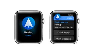 Skjermbilder fra appen Spark på Apple Watch.