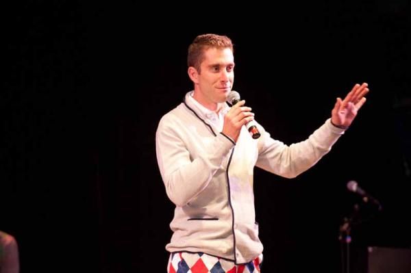 Christian Vande Velde sports argyle pants at the team presentation