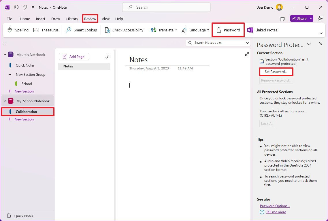 OneNote установить пароль