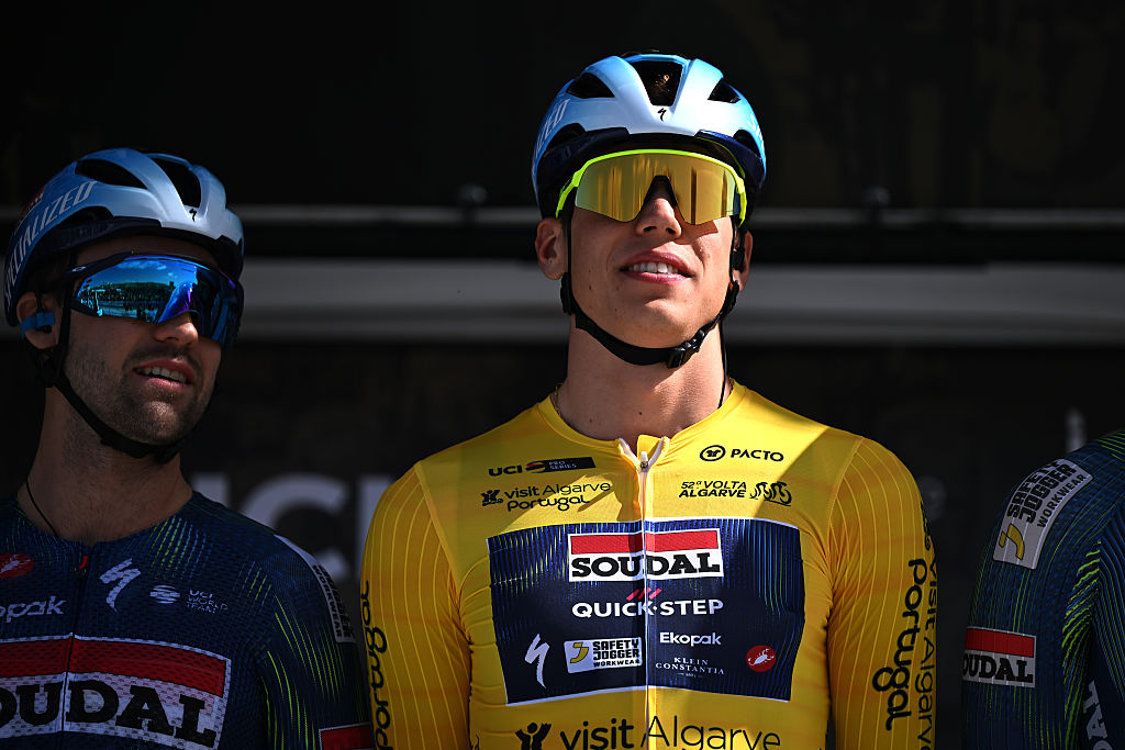 PORTIMAO, PORTUGAL - FEBRUARY 19: Paul Magnier of France and Team Soudal Quick-Step - Yellow Leader Jersey prior to the 52nd Volta ao Algarve em Bicicleta 2026, Stage 2 a 183.5km stage from Portimao to Foia (Monchique) 882m on February 19, 2026 in Portimao, Portugal. (Photo by Dario Belingheri/Getty Images)