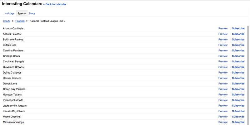 Google Calendar sports teams