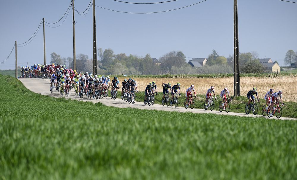 The pack rides through the countryside during the 79th La Fleche Wallonne.