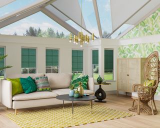 Conservatory idea by Apollo Blinds with turquoise window treatment