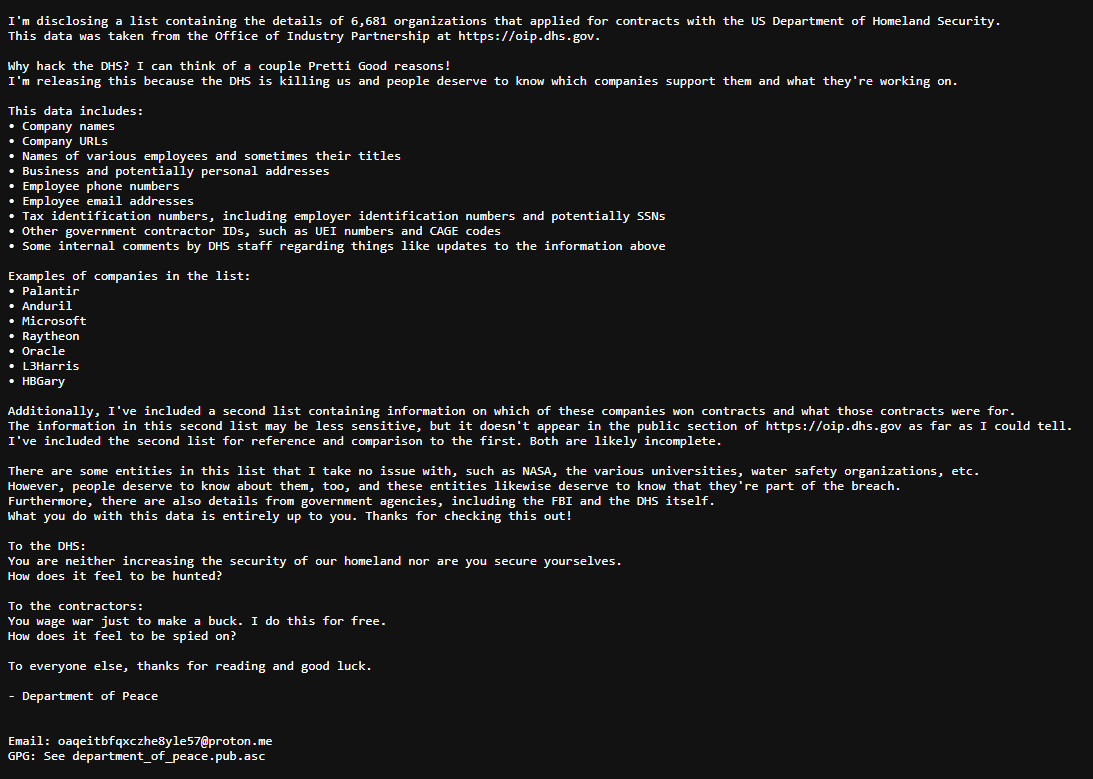 A screenshot of the DDoSecrets web page displaying the statement from the Department of Peace hacktivist group after the alleged leak of sensitive contractual information from the DHS and ICE.