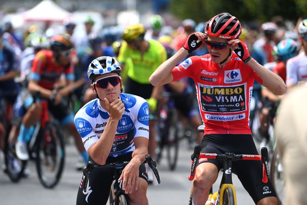 RIBADESELLA RIBESEYA SPAIN SEPTEMBER 13 LR Remco Evenepoel of Belgium and Team Soudal Quick Step Polka Dot Mountain Jersey and Sepp Kuss of The United States and Team JumboVisma Red Leader Jersey prior to the 78th Tour of Spain 2023 Stage 17 a 1244km stage from Ribadesella Ribeseya to Altu de LAngliru 1555m UCIWT on September 13 2023 in Ribadesella Ribeseya Spain Photo by Tim de WaeleGetty Images