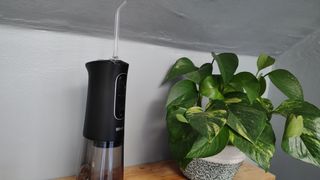 Review photo of the Bitvae C2 Water Flosser on a shelf in the bathroom