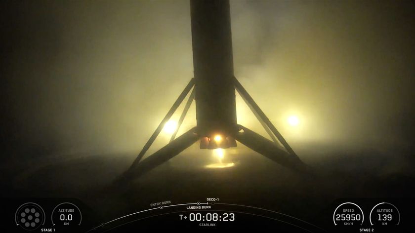 The first stage of a SpaceX Falcon 9 rocket rests on the deck of a drone ship shortly after launching 24 Starlink satellites from Vandenberg Space Force Base in California on Sept. 26, 2025.