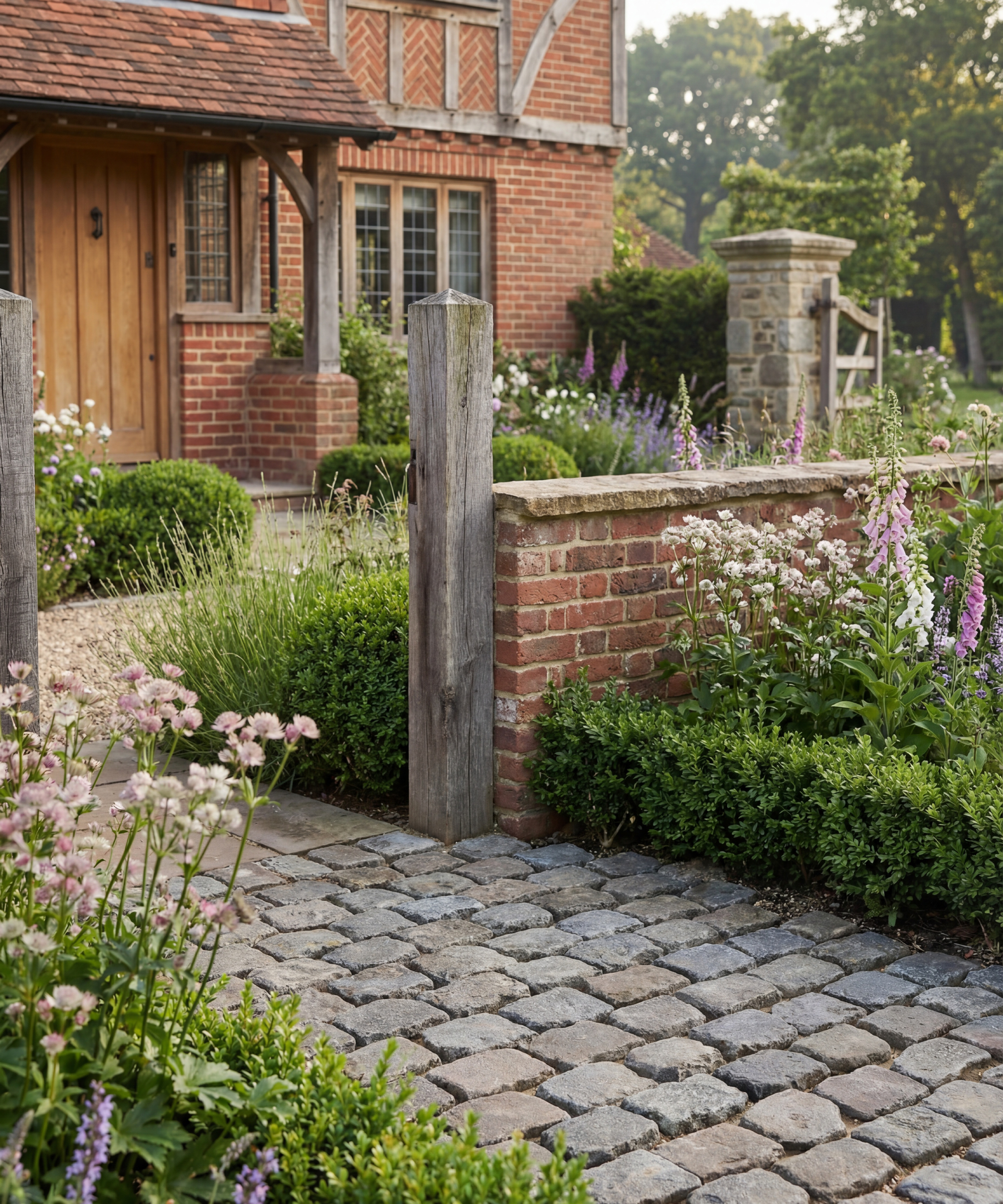 brick home with cobbled path leading into gravel section towards front door, planted border, brick wall and some hedges