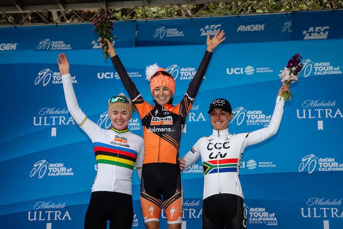 The top three stage 2 of the 2019 Tour of California Women's Race: winner Katie Hall (Boels Dolmans) flanked by teammate and world champion Anna van der Breggen and CCC-Liv's South African road race champion Ashleigh Moolman-Pasio