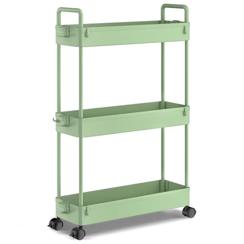 Solejazz 3-Tier Storage Trolley Cart Slide-Out Slim Rolling Utility Cart Mobile Storage Shelving Organizer for Kitchen, Bathroom, Laundry Room, Bedroom, Narrow Places, Plastic, Green