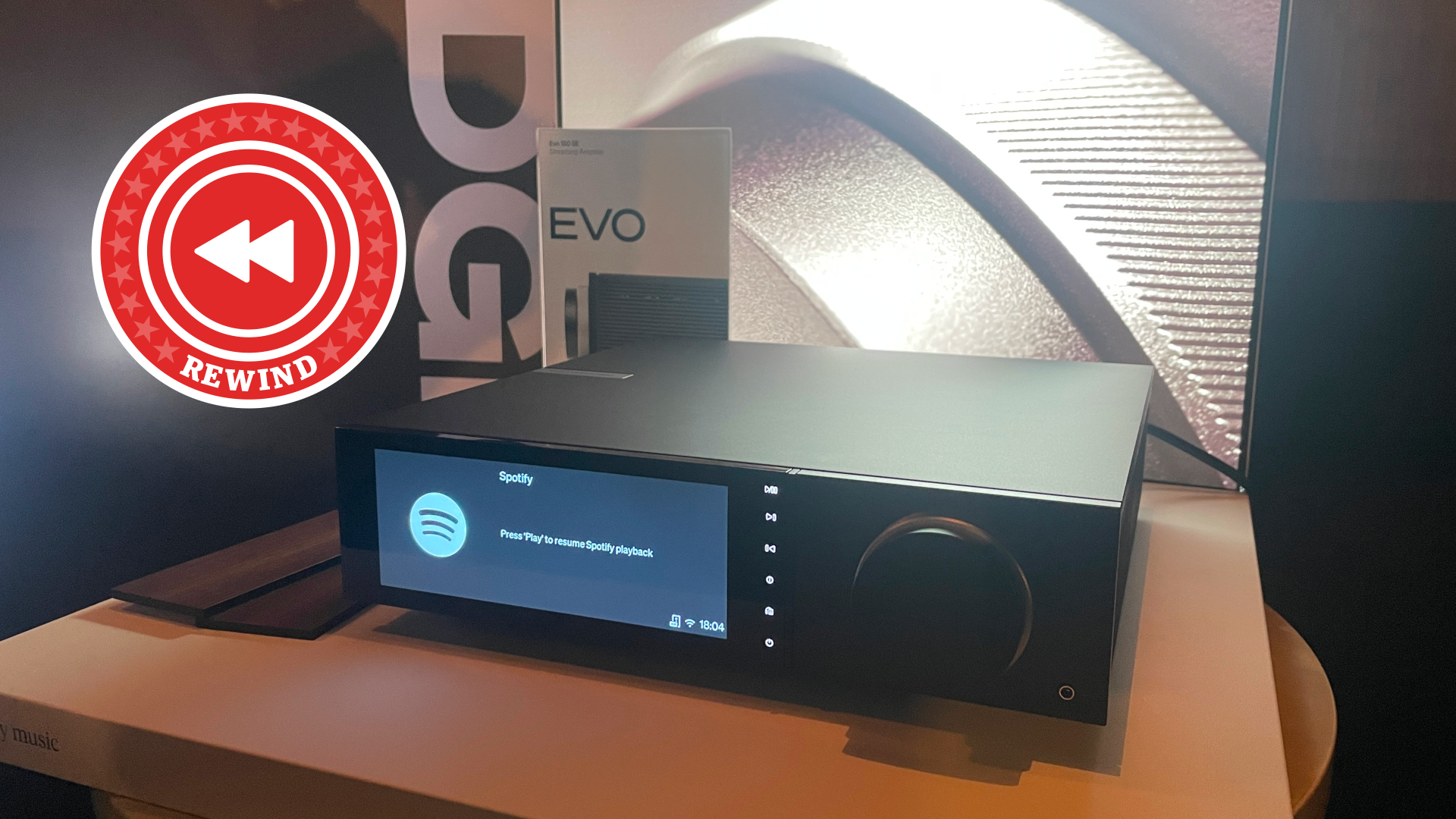 Cambridge Audio Evo 150 SE on table with Rewind logo