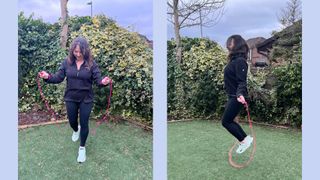 Susan Griffin using cardio skipping rope on grass in back garden wearing workout clothes