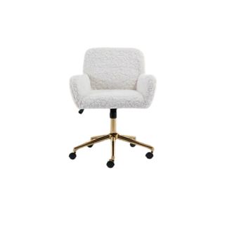 White fuzzy office chair on wheels