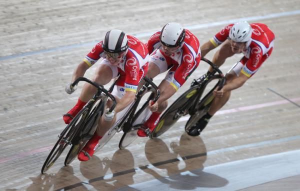 The gold medal-winning South Australian team in action in the men's team sprint.