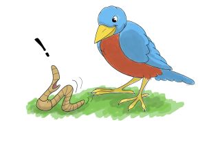 Cartoon of robin staring with delight at surprised worm. 