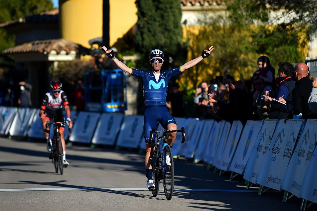 ANDRATX SPAIN JANUARY 29 Alejandro Valverde Belmonte of Spain and Movistar Team celebrates winning during the 31st Challenge Ciclista Mallorca 2022 Trofeo Pollena Port d Andratx a 170 km race from Pollena to Andratx 214m ChallengeMallorca on January 29 2022 in Andratx Spain Photo by Dario BelingheriGetty Images