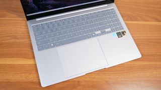 Angled topdown photo of Samsung Galaxy Book 4 Edge keyboard and touchpad.