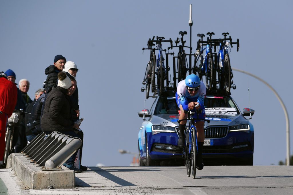 CAMAIORE ITALY MARCH 07 Michael Matthews of Australia and Team BikeExchange Jayco sprints during the 57th TirrenoAdriatico 2022 Stage 1 a 139km individual time trial from Lido di Camaiore to Lido di Camaiore TirrenoAdriatico on March 07 2022 in Camaiore Italy Photo by Tim de WaeleGetty Images