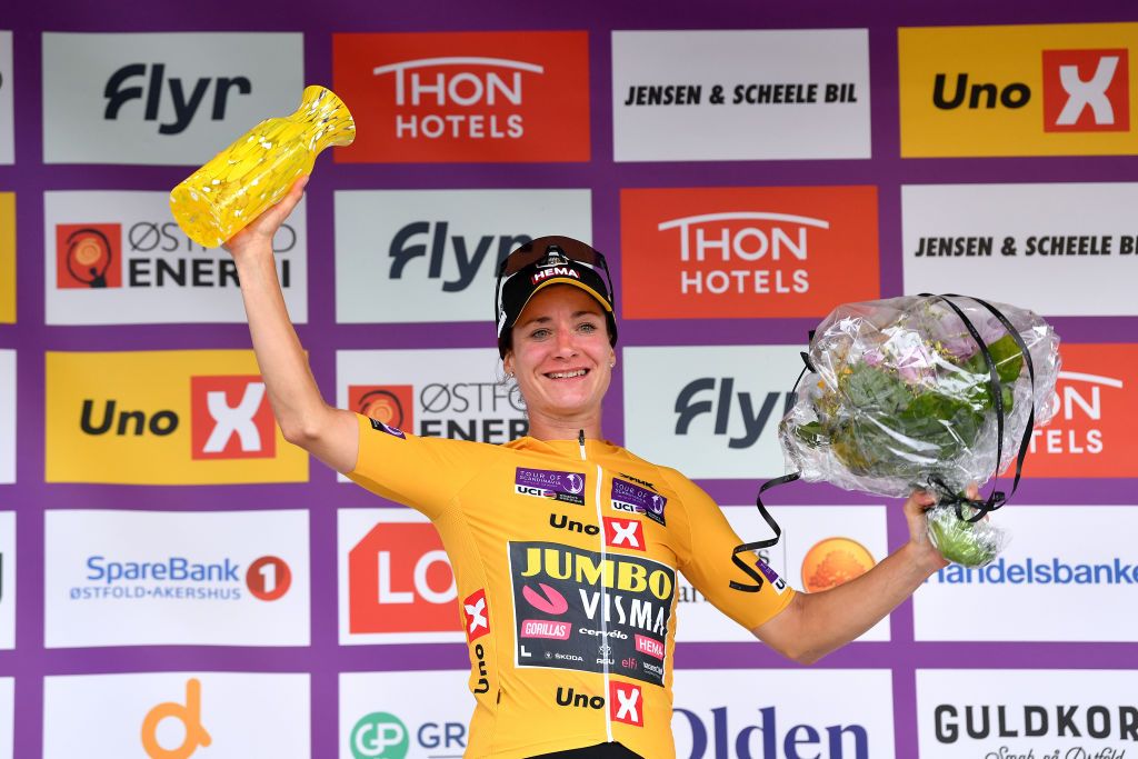 STROMSTAD SWEDEN AUGUST 10 Marianne Vos of Netherlands and Jumbo Visma Team Yellow Leader Jersey celebrates at podium during the 8th Tour of Scandinavia 2022 Battle Of The North Stage 2 a 1538km stage from Orust to Strmstad UCIWWT tourofscandinavia TOSC22 on August 10 2022 in Stromstad Sweden Photo by Luc ClaessenGetty Images