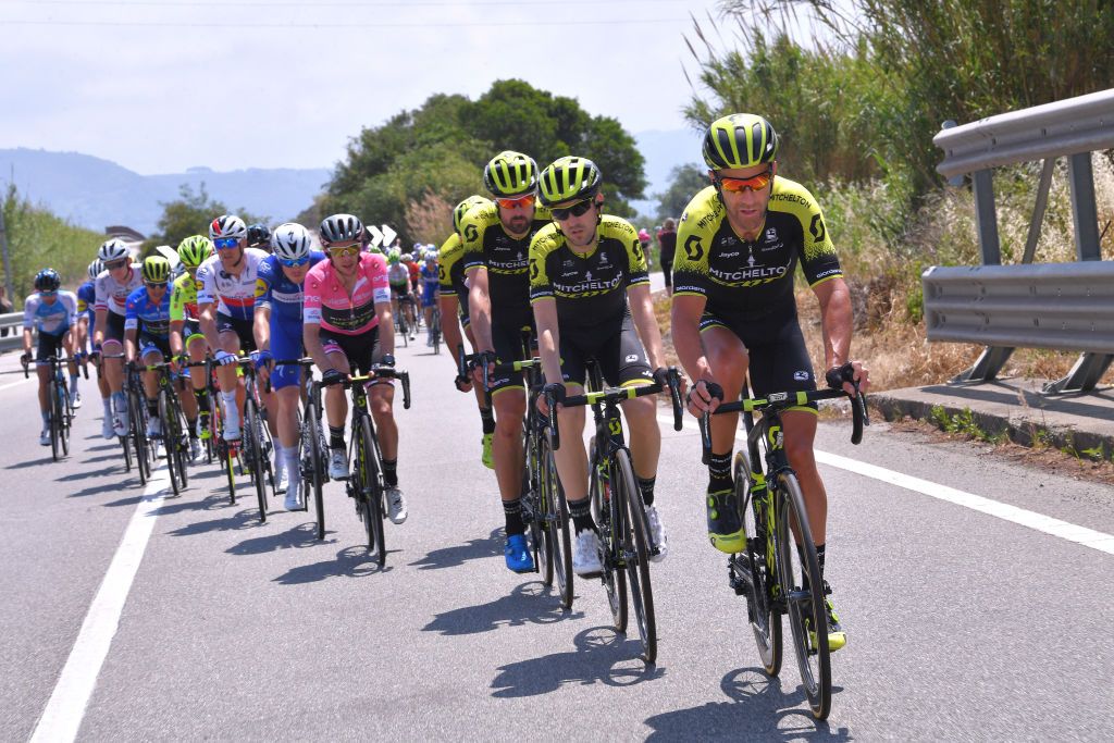 Mitchelton-Scott patrol the front of the peloton with race leader Simon Yates in tow