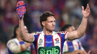 Kalyn Ponga of the Knights celebrates winning the NRL Preliminary Final match between the Penrith Panthers and Newcastle Knights at Accor Stadium on September 27, 2026, in Sydney, Australia.