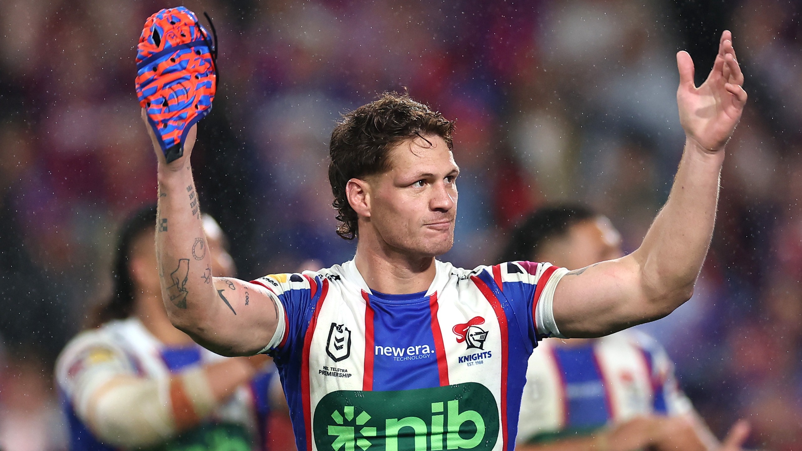 Kalyn Ponga of the Knights celebrates winning the NRL Preliminary Final match between the Penrith Panthers and Newcastle Knights at Accor Stadium on September 27, 2026, in Sydney, Australia.