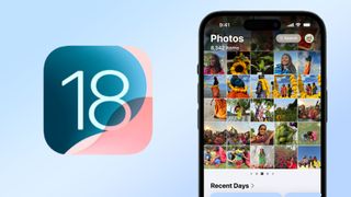 iOS 18 logo next to iOS 18 Photos app screenshot on iPhone