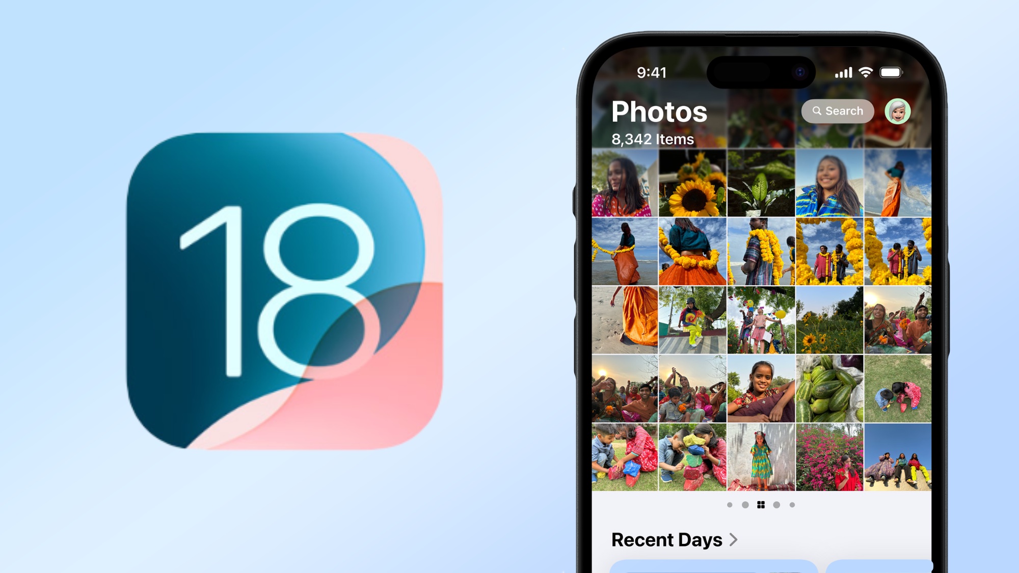 Capture d'écran du logo iOS 18 à côté de l'application Photos iOS 18 sur iPhone