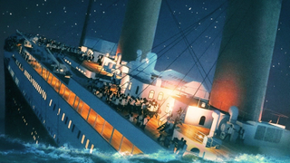 A computer generated image of the The Titanic sinking into the foaming water on the night of April 14, 1912 (iceberg not pictured) from the &#039;Mysteries From the Grave: Titanic&#039; 