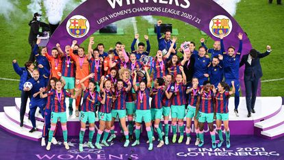 Barcelona captain Vicky Losada lifts the Uefa Women’s Champions League trophy 