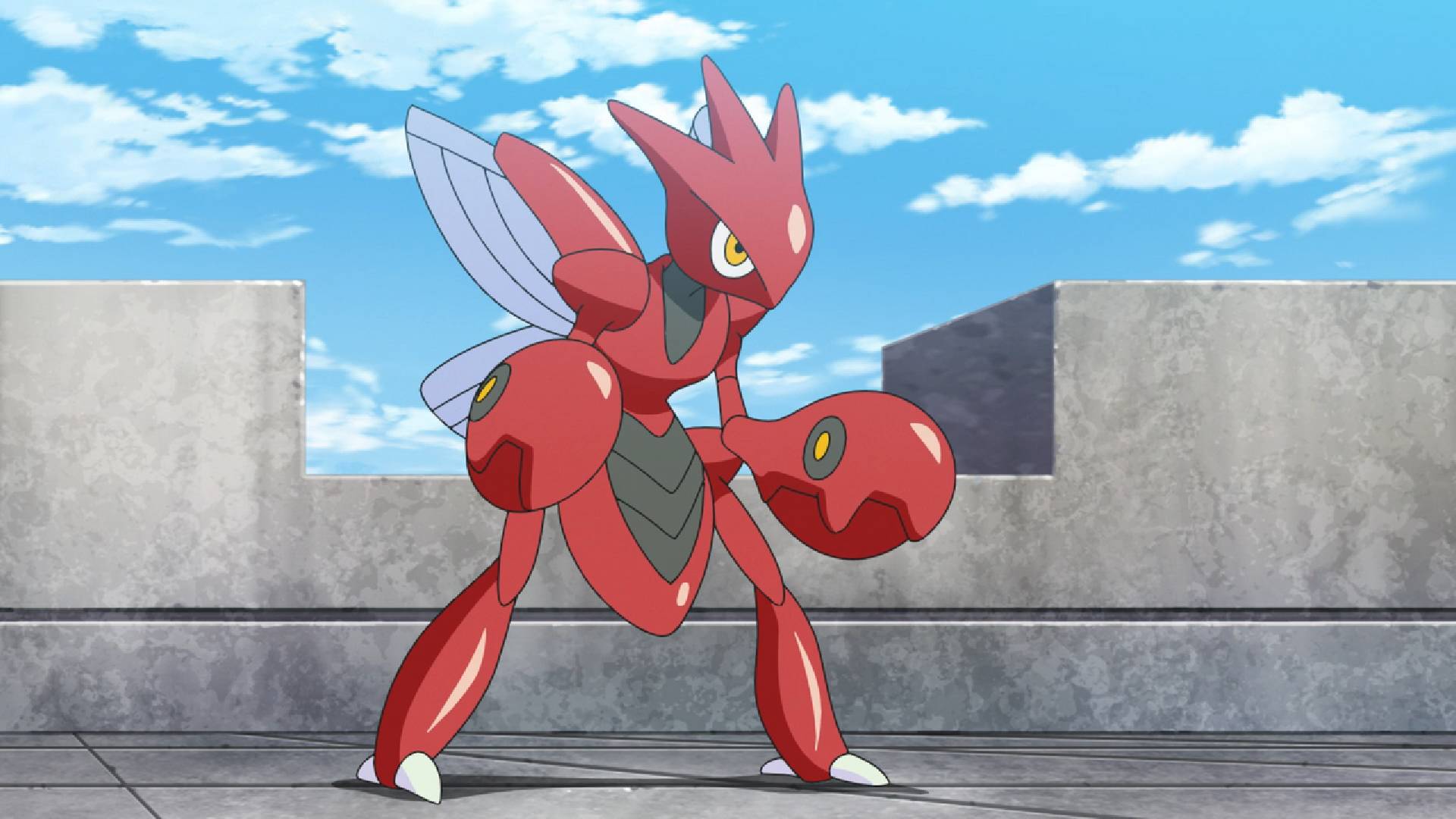 A screenshot of Scizor seen in the Pokemon anime.