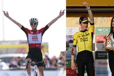 Tadej Pogačar wins the UAE Tour on the left, while Jonas Vingegaard celebrates on the podium of the Volta ao Algarve on the right