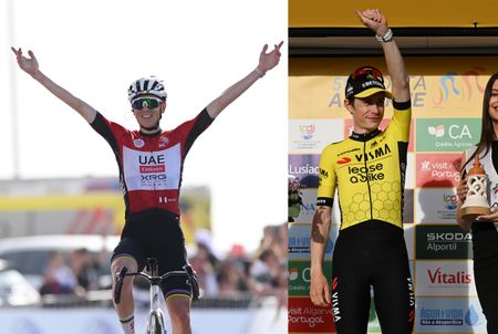 Tadej Pogačar wins the UAE Tour on the left, while Jonas Vingegaard celebrates on the podium of the Volta ao Algarve on the right