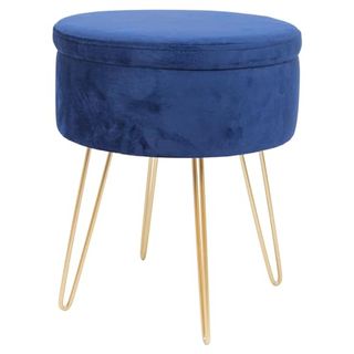 Harbour Housewares 1x Blue/gold H45 X D36cm Round Velvet Storage Footstool - Living Room Dressing Table Footstool Ottoman Pouffe Chair Seat