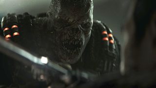 A Locust Drone screaming into the face of Marcus during the Gears of War: E-Day trailer.