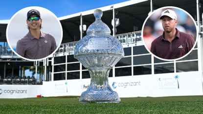 The Cognizant Classic trophy in the middle, with Min Woo Lee and Daniel Berger either side