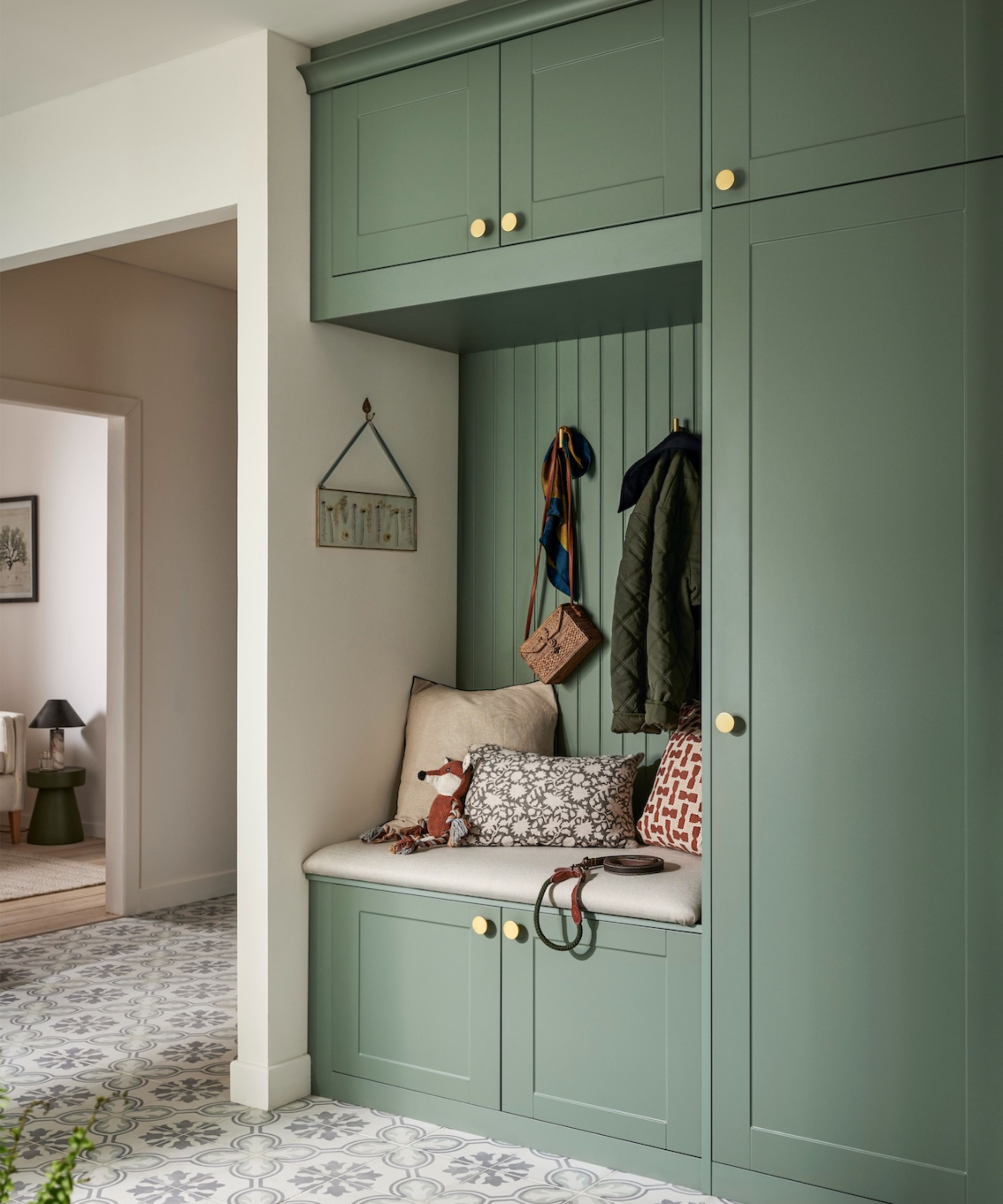 green hallway mini boot room storage