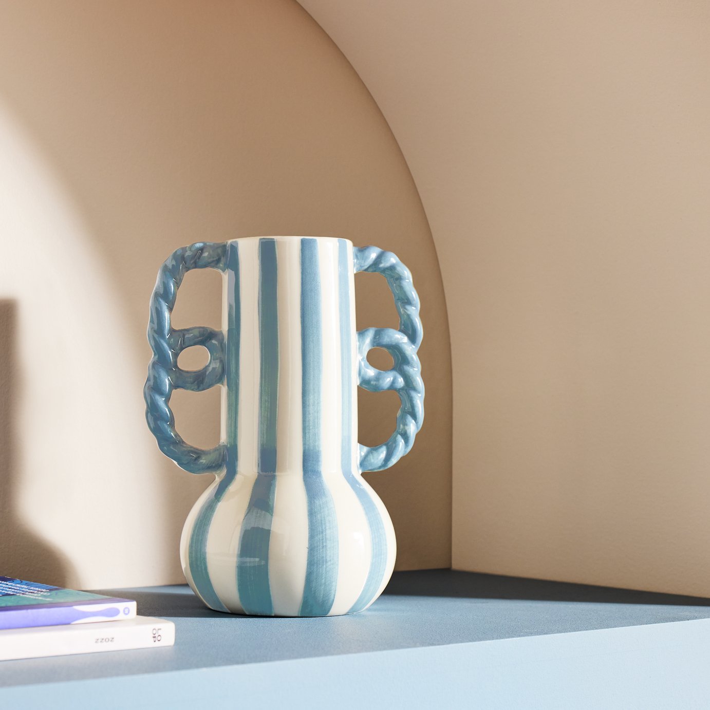 Habitat Stripe Ceramic Blue Vase With Wavy Handles