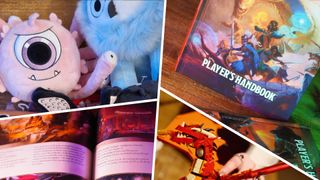 DnD plush toys, the new Player's Handbook, and the Lego dragon divided by white lines