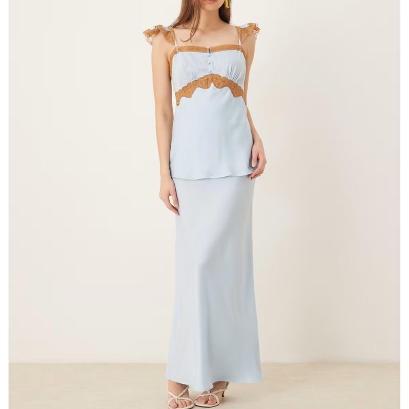 ASOS DESIGN frill sleeve cami overlay satin maxi dress in blue