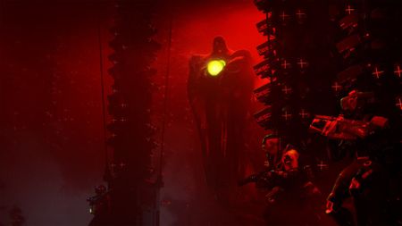 Key art for Marathon shows a squad of players in a red-lit room hiding in the shadows of data towers from an ominous, tall, floating red robot thing