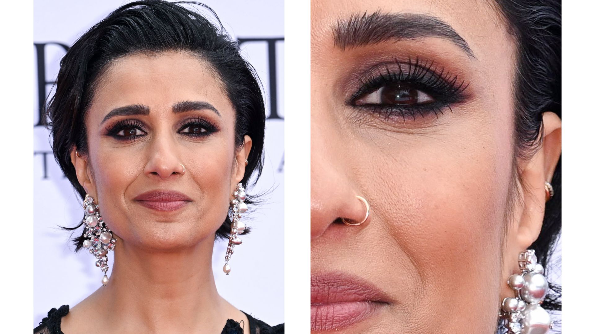 Anita Rani pictured at the TV BAFTA awards in a black embellished dress with large pearl earrings, slicked back hair and a smoky eye makeup look