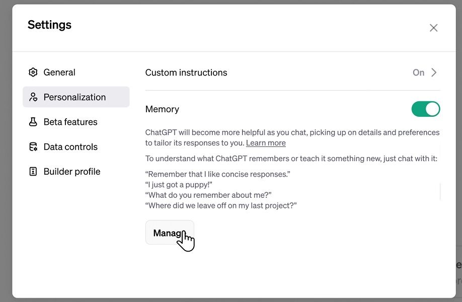 OpenAI provides a "Manage Memory" settings page for users.