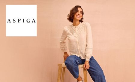 Aspiga logo top left with a woman wearing biege blouser sitting on a stool 