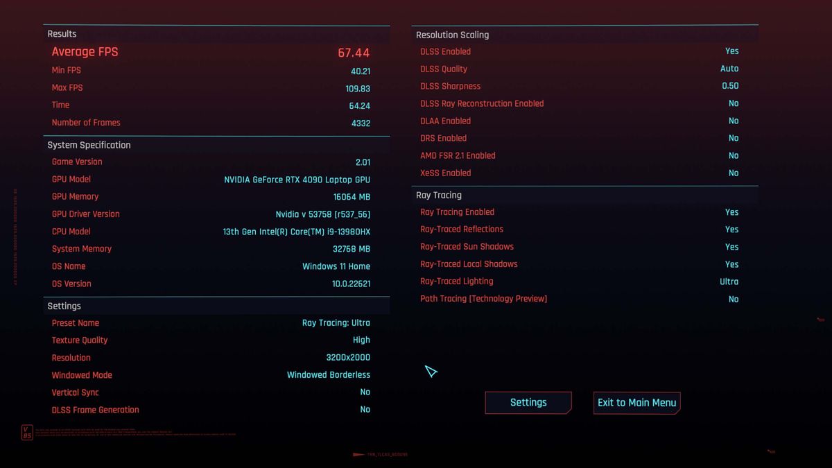 Lenovo Legion 9i (Gen 8) Cyberpunk 2077 benchmark Ultra settings.
