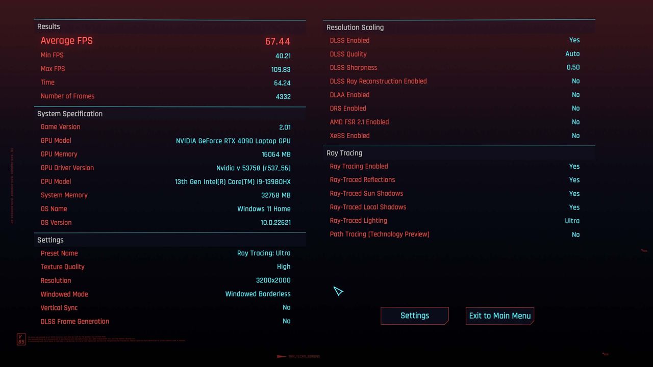 Lenovo Legion 9i (Gen 8) Cyberpunk 2077 benchmark Ultra settings.