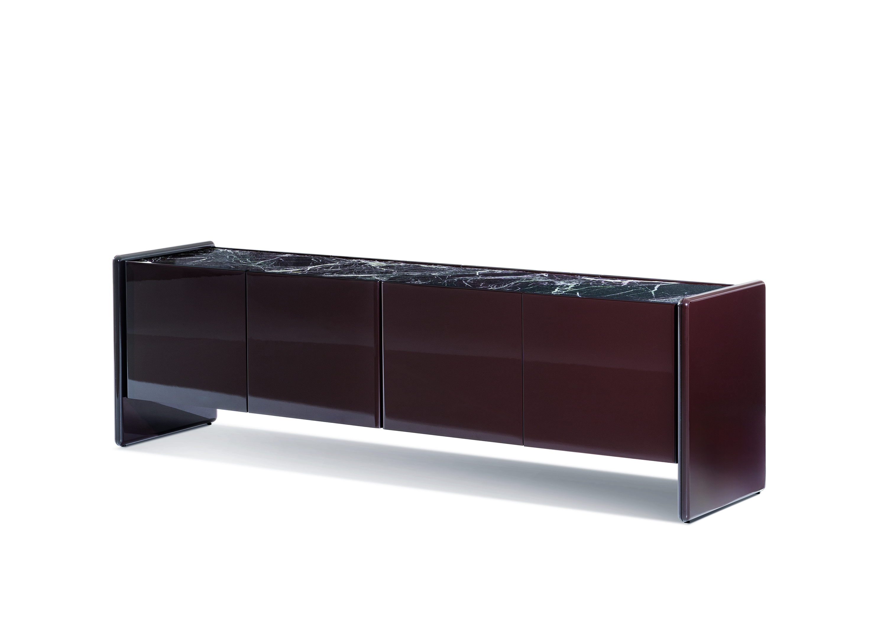 Milan Design Week Minotti Logan console unit in red with black and red marble top