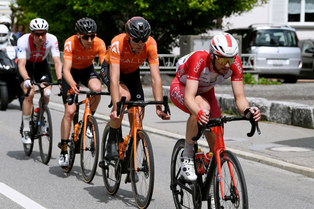 LACHEN SWITZERLAND JUNE 07 Christophe Laporte of France and Team Cofidis Matteo DalCin of Canada and Team Rally Cycling Nick Zukowsky of Canada and Team Rally Cycling Claudio Imhof of Switzerland and Team Switzerland in breakaway during the 84th Tour de Suisse 2021 Stage 2 a 178km stage from Neuhausen am Rheinfall to Lachen UCIworldtour tds tourdesuisse on June 07 2021 in Lachen Switzerland Photo by Tim de WaeleGetty Images