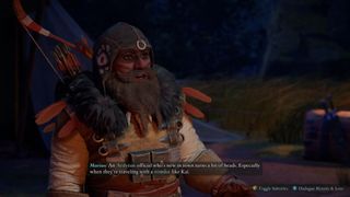 Avowed screenshot of companion Marius, dressed in his ranger attire with a bow strapped to his back, talking to the player at the campsite